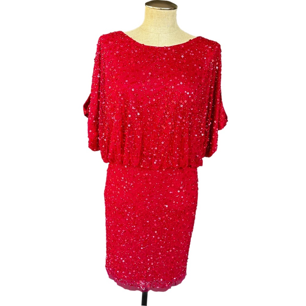Aidan Mattox Vintage Red Beaded Sequin Blouson Style Cocktail Dress US 0